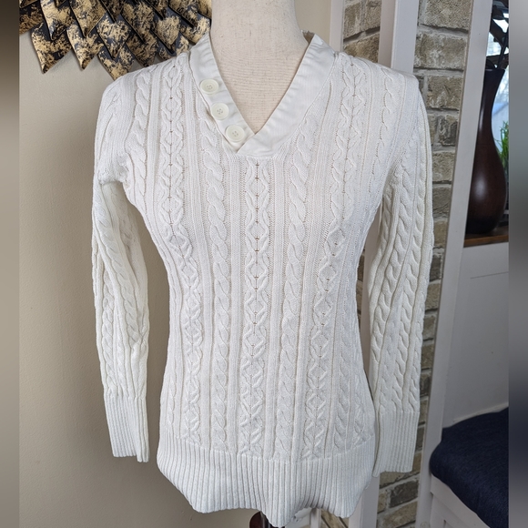 Ruff Hewn White Cotton Cable Knit V Neck Sweater Size Small - Picture 1 of 3